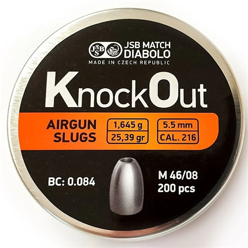 JSB KNOCK OUT AIRGUN SLUGS 5.5MM 200 PER TIN CAL .216 - 25.39 GRAIN (No returns)